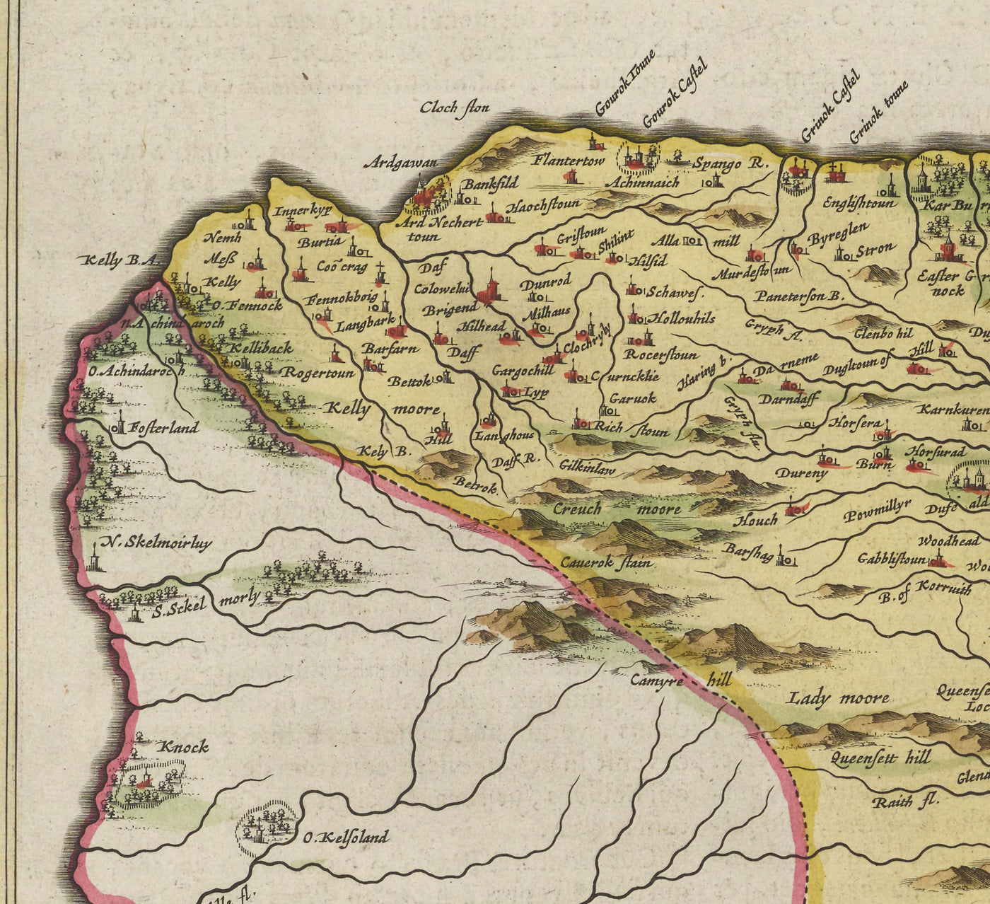 Alte Karte von Renfrewshire im Jahr 1665 von Joan Blaeu - Glasgow, Renfrew, Paisley, Inchinnan, Bishopton, Fluss Clyde