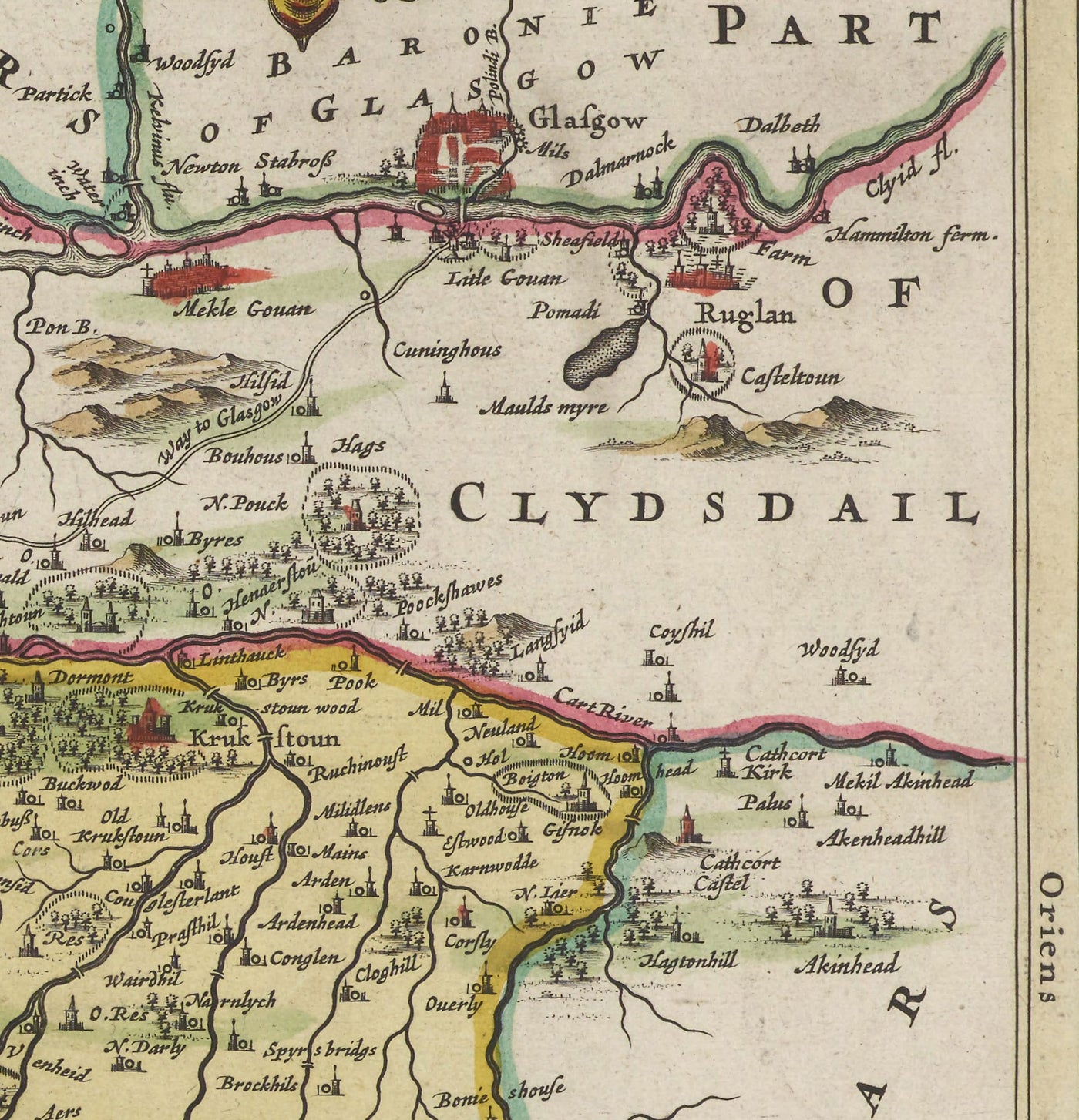 Antiguo mapa de Renfrewshire en 1665 por Joan Blaeu - Glasgow, Renfrew, Paisley, Inchinnan, Bishopton, Río Clyde