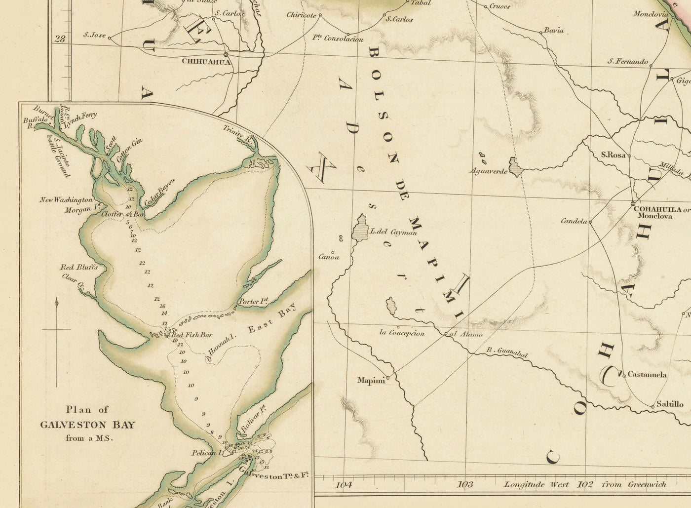 Antiguo mapa de la República de Texas, 1841 - País independiente antes de Estados Unidos, Houston, San Antonio, Golfo de México
