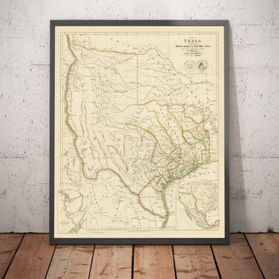 Antiguo mapa de la República de Texas, 1841 - País independiente antes de Estados Unidos, Houston, San Antonio, Golfo de México