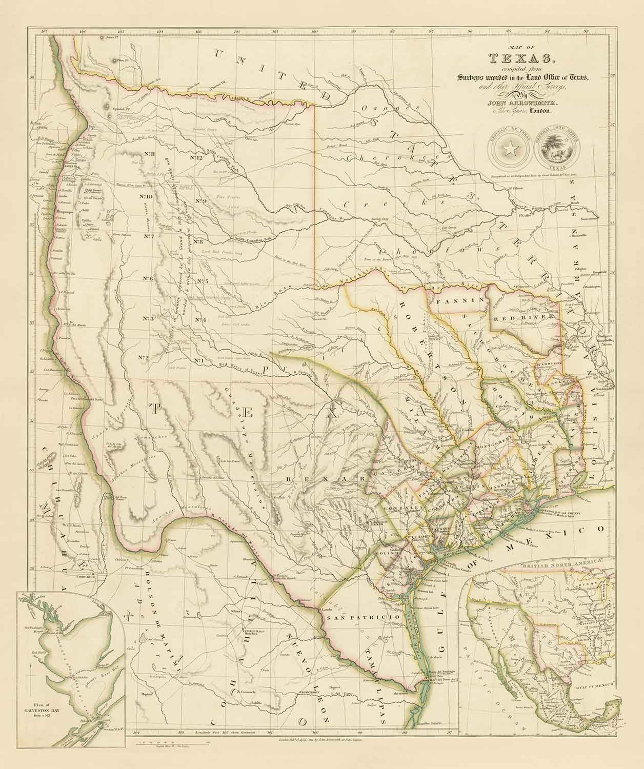 Alte Karte der Republik Texas, 1841 - Unabhängiges Land vor den USA, Houston, San Antonio, Golf von Mexiko