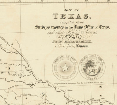 Ancienne carte de la République du Texas, 1841 - Pays indépendant avant les États-Unis, Houston, San Antonio, Golfe du Mexique