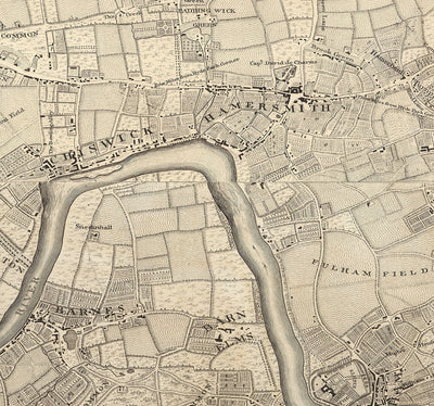 Viejo mapa de Londres en 1746 - 4 partes, paneles enmarcados, sin marco - John Rocque Quadriptych