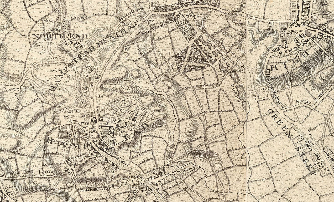 Ancienne carte de Londres et de 10 miles autour par John Rocque en 1746 - avec Hackney, Wimbledon, Highgate, Richmond et d'autres banlieues de Londres.