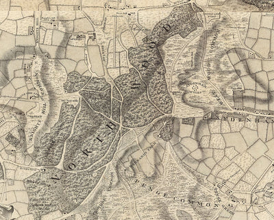Alte Karte von London und 10 Meilen Umgebung von John Rocque aus dem Jahr 1746 - mit Hackney, Wimbledon, Highgate, Richmond und anderen Londoner Vorstädten