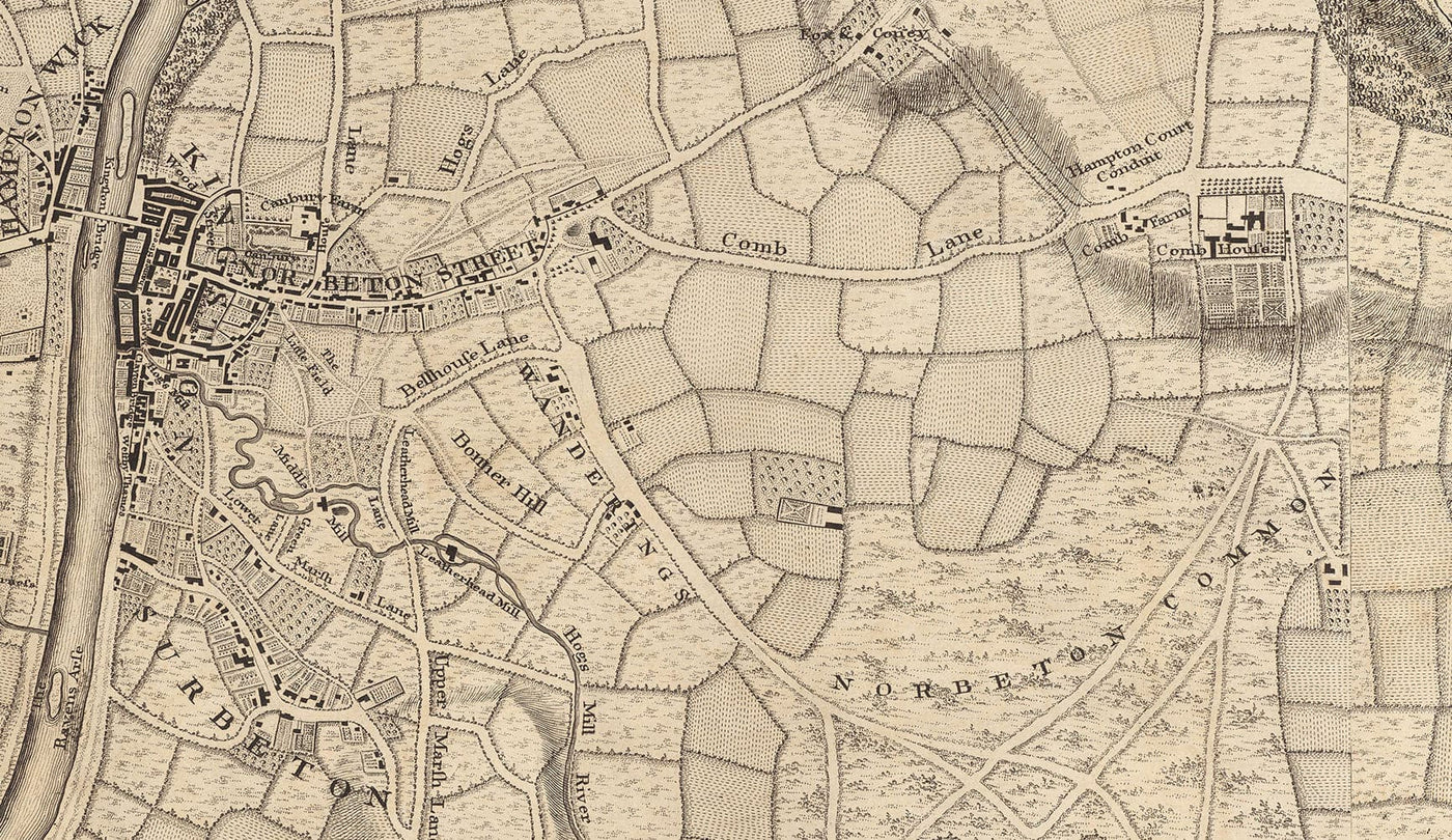 Ancienne carte de Londres et de 10 miles autour par John Rocque en 1746 - avec Hackney, Wimbledon, Highgate, Richmond et d'autres banlieues de Londres.