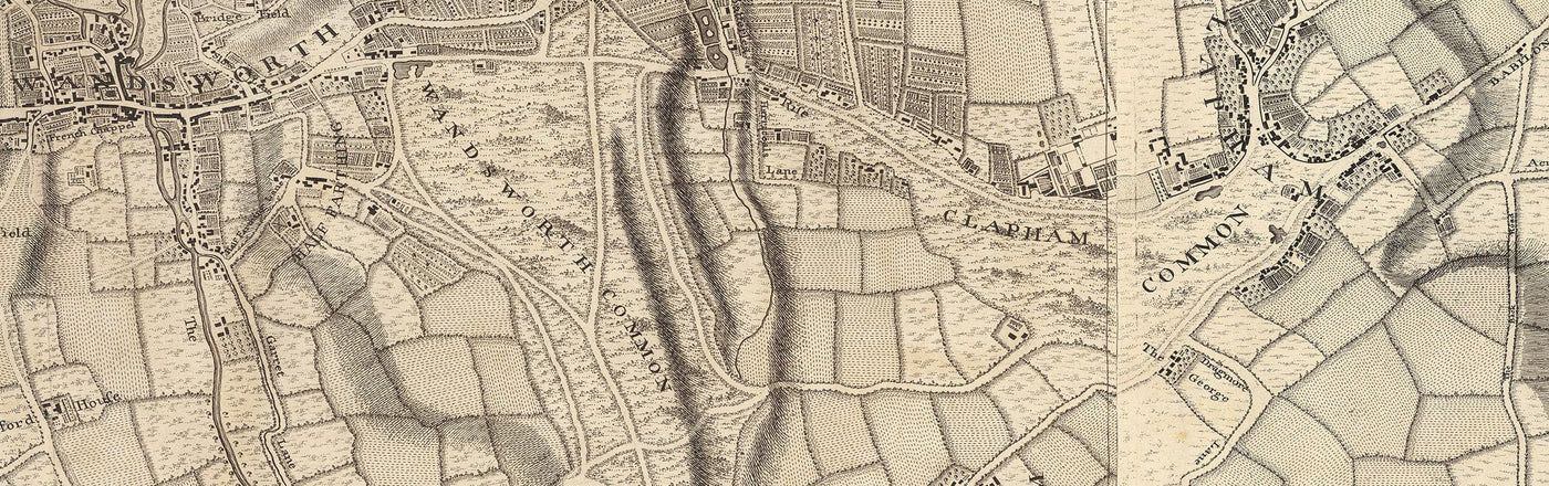 Antiguo mapa de Londres y 10 millas a la redonda, realizado por John Rocque en 1746, en el que aparecen Hackney, Wimbledon, Highgate, Richmond y otros suburbios de Londres