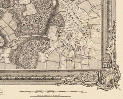 Alte Karte von Südost-London im Jahr 1746 von John Rocque - Chislehurst, Bromley, Mottingham, Southend, Widmore, SE6, SE12, SE9, SE13