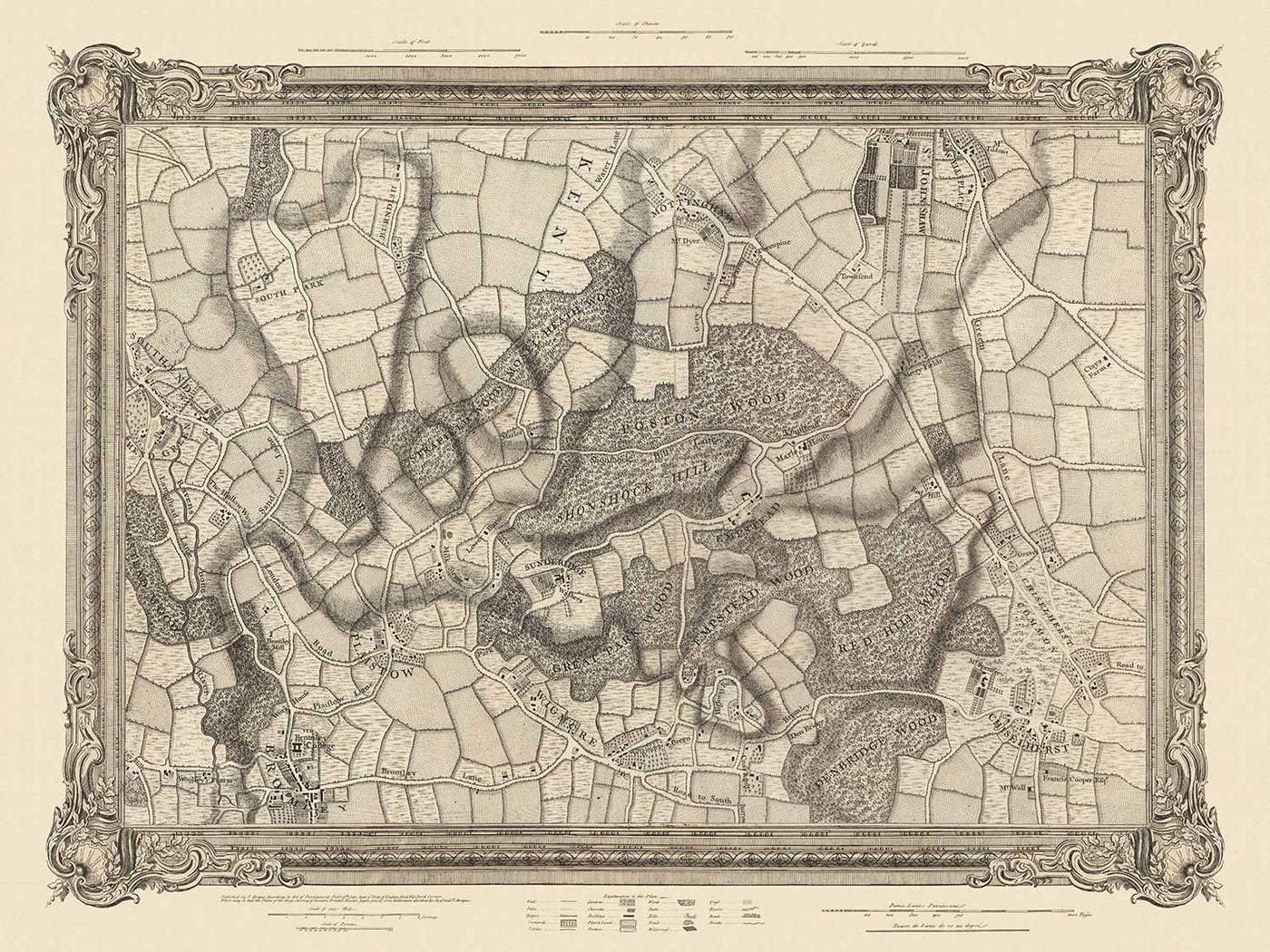 Ancienne carte du sud-est de Londres en 1746 par John Rocque - Chislehurst, Bromley, Mottingham, Southend, Widmore, SE6, SE12, SE9, SE13