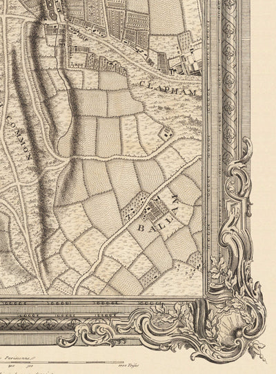 Alte Karte von West- und Südwest-London im Jahr 1746 von John Rocque - Fulham, Wandworth, Chelsea, Putney, Battersea, SW3, SW6, SW10, SW11, SW13, SW15, SW18
