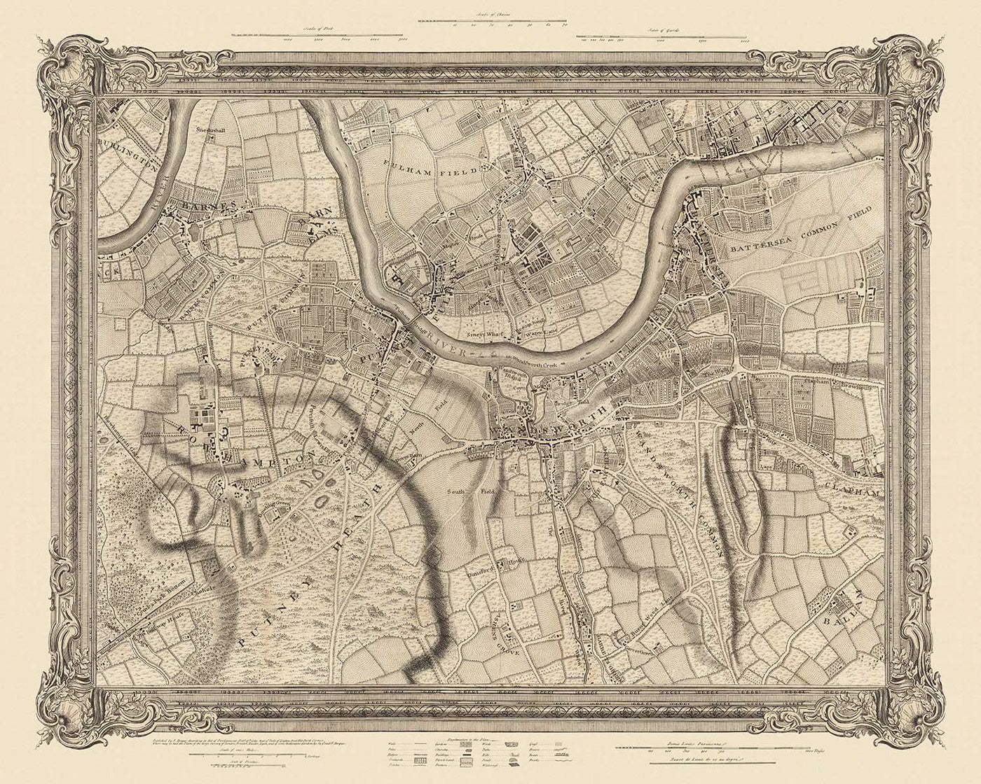 Antiguo mapa del oeste y suroeste de Londres en 1746 por John Rocque - Fulham, Wandworth, Chelsea, Putney, Battersea, SW3, SW6, SW10, SW11, SW13, SW15, SW18