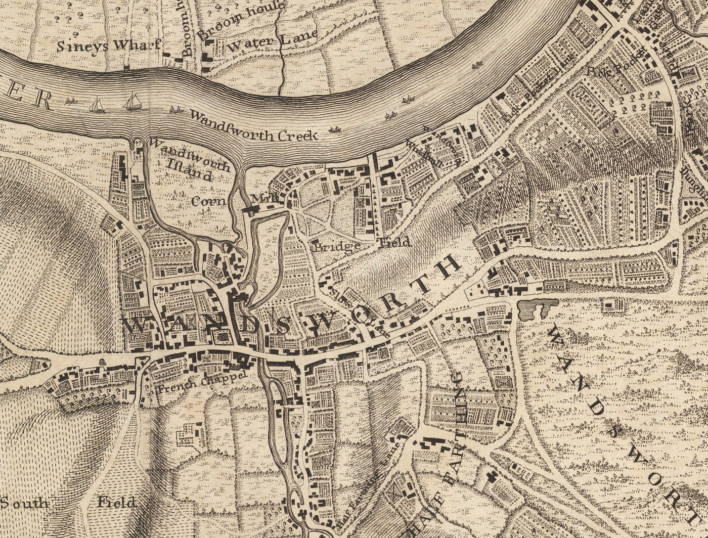 Antiguo mapa del oeste y suroeste de Londres en 1746 por John Rocque - Fulham, Wandworth, Chelsea, Putney, Battersea, SW3, SW6, SW10, SW11, SW13, SW15, SW18