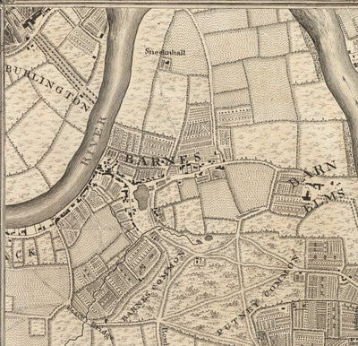 Alte Karte von West- und Südwest-London im Jahr 1746 von John Rocque - Fulham, Wandworth, Chelsea, Putney, Battersea, SW3, SW6, SW10, SW11, SW13, SW15, SW18