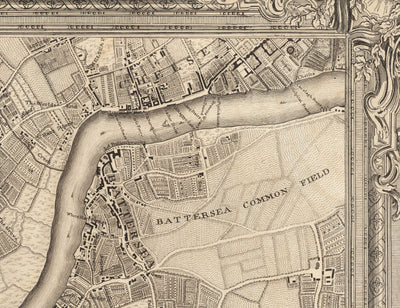 Ancienne carte de l'ouest et du sud-ouest de Londres en 1746 par John Rocque - Fulham, Wandworth, Chelsea, Putney, Battersea, SW3, SW6, SW10, SW11, SW13, SW15, SW18