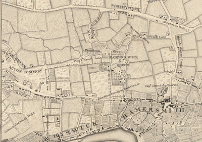 Alte Karte von West- und Zentrallondon im Jahr 1746 von John Rocque - Hamersmith, Kensington, Hyde Park, Knightsbridge, Shepherd's Bush, SW3,SW5, SW7, W2, W6, W10, W12, W14, NW8