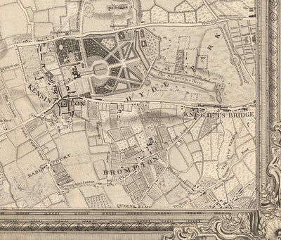 Antiguo mapa del oeste y centro de Londres en 1746 por John Rocque - Hamersmith, Kensington, Hyde Park, Knightsbridge, Shepherd's Bush, SW3,SW5, SW7, W2, W6, W10, W12, W14, NW8