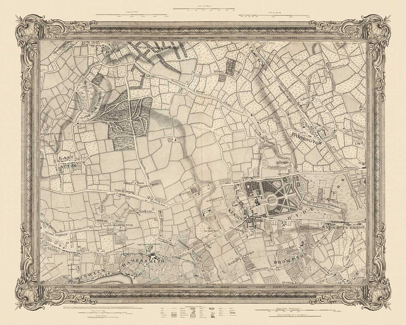 Ancienne carte de l'ouest et du centre de Londres en 1746 par John Rocque - Hamersmith, Kensington, Hyde Park, Knightsbridge, Shepherd's Bush, SW3,SW5, SW7, W2, W6, W10, W12, W14, NW8
