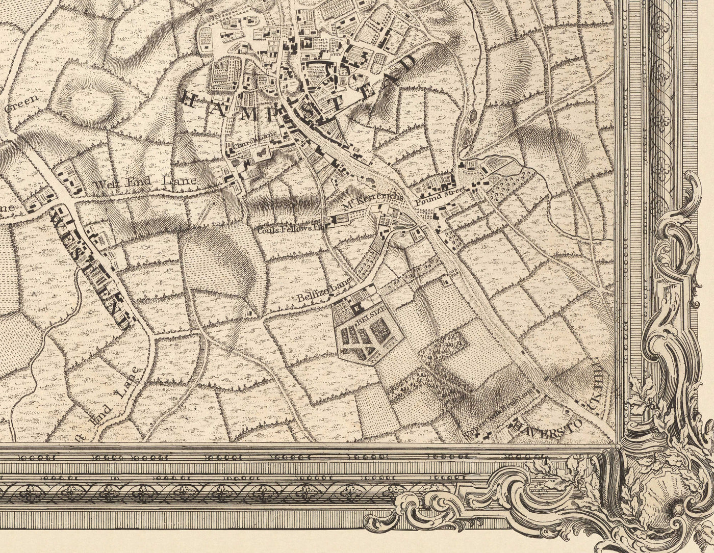 Antiguo mapa del oeste y noroeste de Londres en 1746 por John Rocque - Hampstead, Kingsbury, Neasden, Willesden, West End, NW2, NW3, NW5, NW6, NW8, NW10, W9, W10