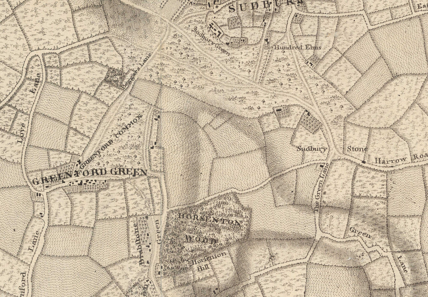 Antiguo mapa del noroeste de Londres en 1746 por John Rocque - Wembley, Preston, Alperton, Northolt, Roxeth Green, W3, W5, W7,W13, NW10
