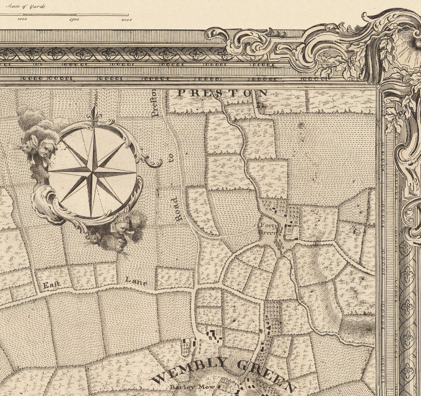 Antiguo mapa del noroeste de Londres en 1746 por John Rocque - Wembley, Preston, Alperton, Northolt, Roxeth Green, W3, W5, W7,W13, NW10
