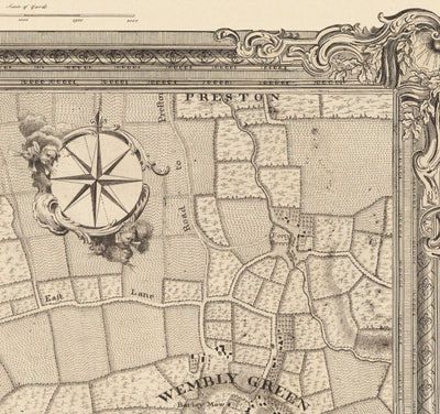 Ancienne carte du nord-ouest de Londres en 1746 par John Rocque - Wembley, Preston, Alperton, Northolt, Roxeth Green, W3, W5, W7,W13, NW10