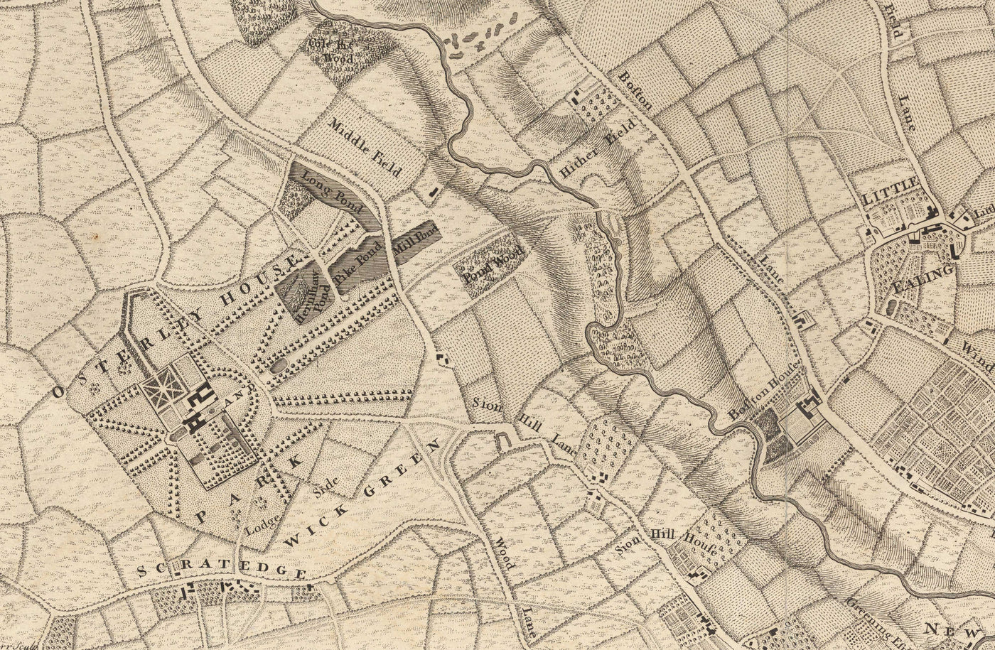 Old Map of West London in 1746 by John Rocque - Brentford, Ealing, Acton, Hanwell,  Chiswick, W3, W4, W5, W7, W13