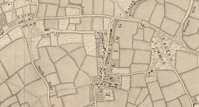 Alte Karte von West London im Jahr 1746 von John Rocque - Brentford, Ealing, Acton, Hanwell, Chiswick, W3, W4, W5, W7, W13