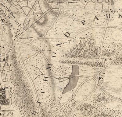 Ancienne carte du sud-ouest de Londres en 1746 par John Rocque - Twickenham, Isleworth, Richmond Park, Hounslow, Whitton, SW14, TW1, TW2, TW4