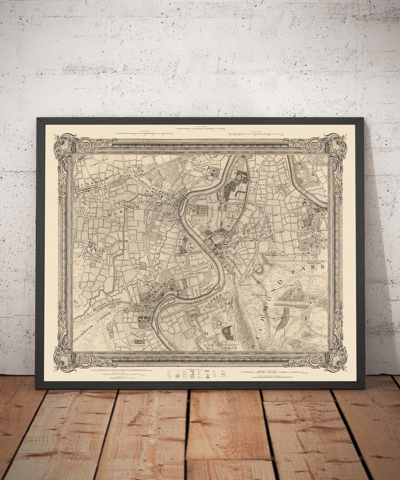Ancienne carte du sud-ouest de Londres en 1746 par John Rocque - Twickenham, Isleworth, Richmond Park, Hounslow, Whitton, SW14, TW1, TW2, TW4
