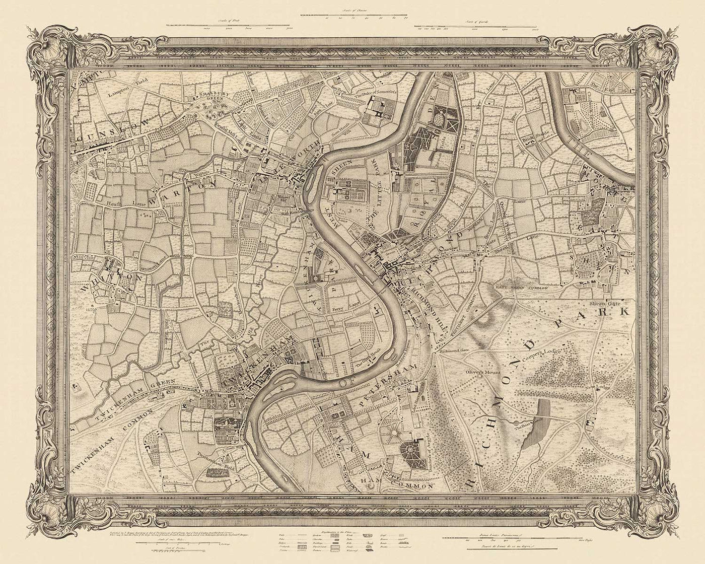 Alte Karte von Südwest-London im Jahr 1746 von John Rocque - Twickenham, Isleworth, Richmond Park, Hounslow, Whitton, SW14, TW1, TW2, TW4