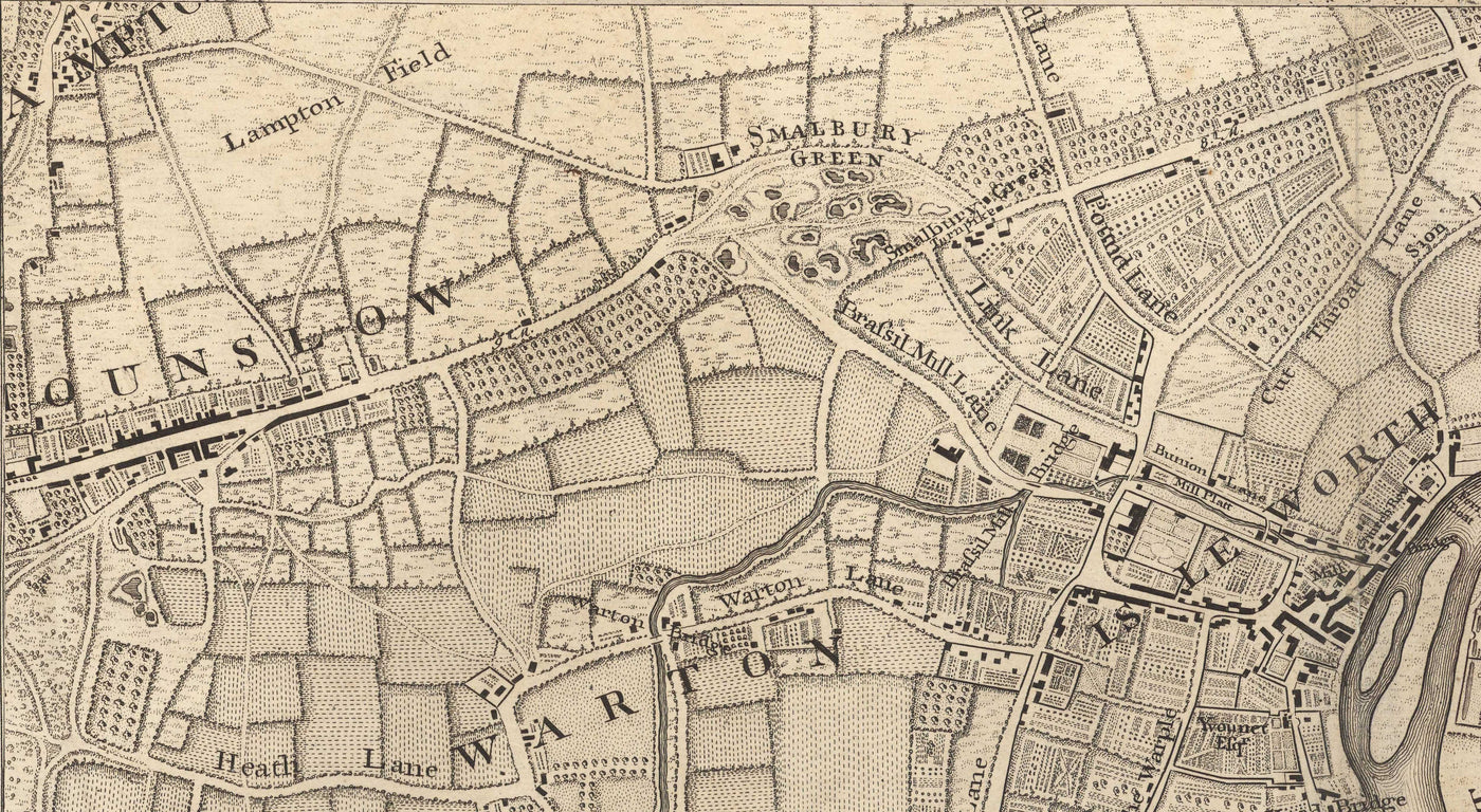 Old Map of South West London in 1746 by John Rocque - Twickenham, Isleworth, Richmond Park, Hounslow, Whitton, SW14, TW1, TW2, TW4