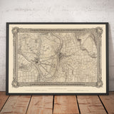 Mappa antica del sud-ovest di Londra nel 1746 di John Rocque - Kingston, Hampton Court, Teddington, Surbiton, Tamigi 