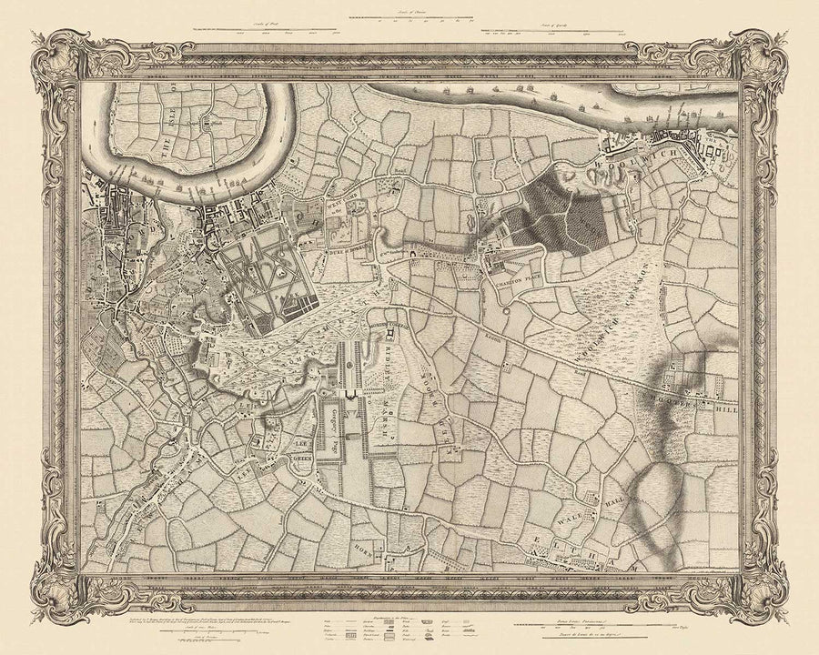 Mappa antica del sud-est di Londra nel 1746 di John Rocque - Lewisham, Woolwich, Greenwich, Eltham, Deptford, SE8, SE14, SE10, SE7, SE3, SE4, SE13 