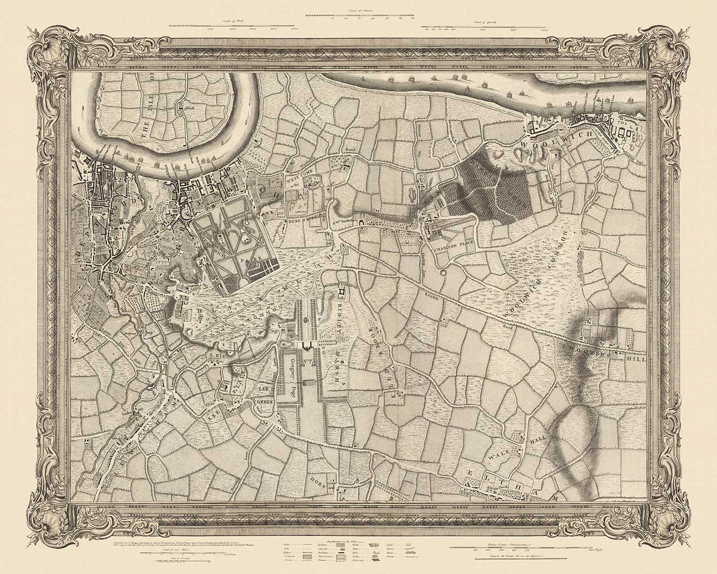 Ancienne carte du sud-est de Londres en 1746 par John Rocque - Lewisham, Woolwich, Greenwich, Eltham, Deptford, SE8, SE14, SE10, SE7, SE3, SE4, SE13