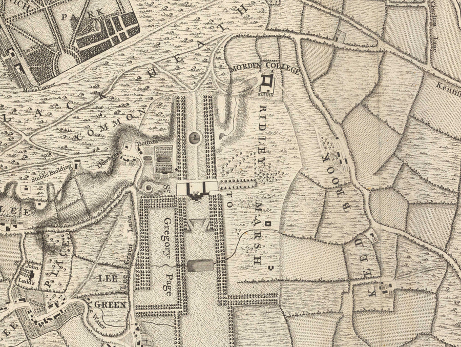 Mappa antica del sud-est di Londra nel 1746 di John Rocque - Lewisham, Woolwich, Greenwich, Eltham, Deptford, SE8, SE14, SE10, SE7, SE3, SE4, SE13 