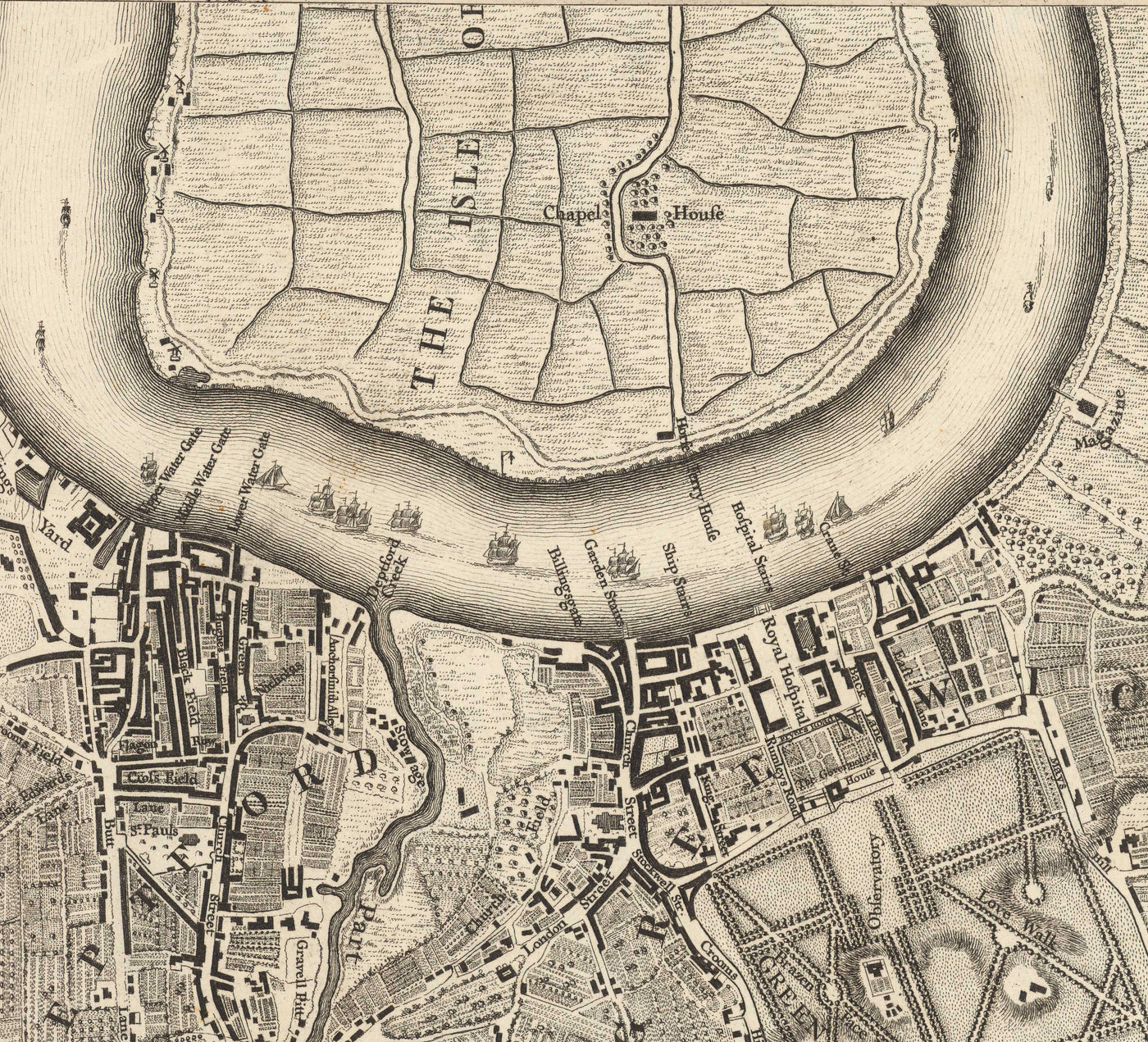 Alte Karte von Südost-London im Jahr 1746 von John Rocque - Lewisham, Woolwich, Greenwich, Eltham, Deptford, SE8, SE14, SE10, SE7, SE3, SE4, SE13