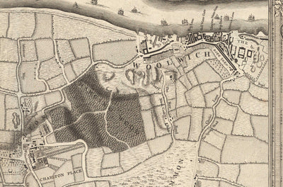 Alte Karte von Südost-London im Jahr 1746 von John Rocque - Lewisham, Woolwich, Greenwich, Eltham, Deptford, SE8, SE14, SE10, SE7, SE3, SE4, SE13