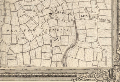Alte Karte von East London im Jahr 1746 von John Rocque - Stratford, Eastham, Upton Park, Canary Wharf, Plaistow, E3, E6, E13, E14, E15, E16