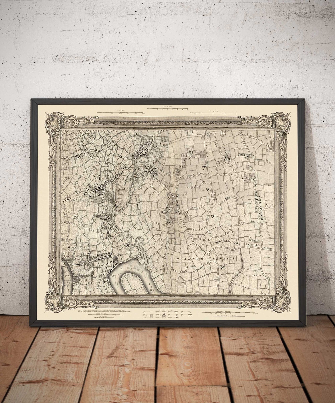 Ancienne carte de l'est de Londres en 1746 par John Rocque - Stratford, Eastham, Upton Park, Canary Wharf, Plaistow, E3, E6, E13, E14, E15, E16