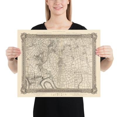 Ancienne carte de l'est de Londres en 1746 par John Rocque - Stratford, Eastham, Upton Park, Canary Wharf, Plaistow, E3, E6, E13, E14, E15, E16