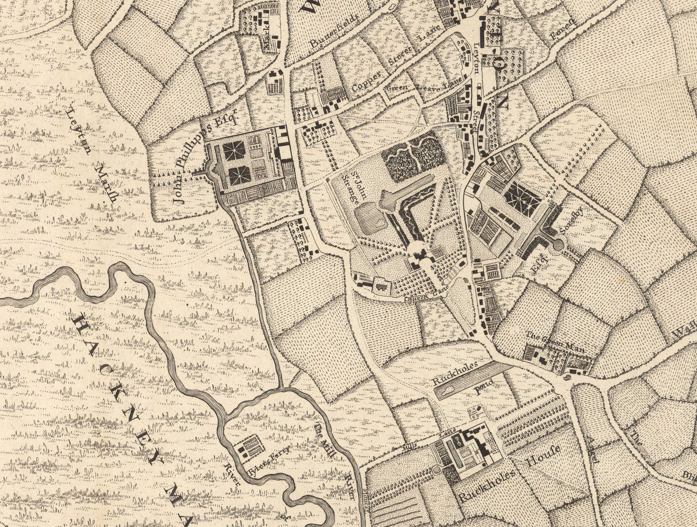 Antiguo mapa del noreste de Londres en 1746 por John Rocque - Wanstead, Walthamstow, Leyton, Aldersbrook, Woodford, E7, E9, E10, E11, E12, E15