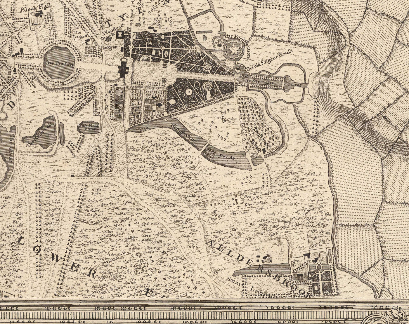 Ancienne carte du nord-est de Londres en 1746 par John Rocque - Wanstead, Walthamstow, Leyton, Aldersbrook, Woodford, E7, E9, E10, E11, E12, E15