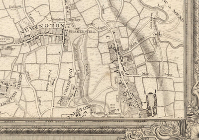 Antiguo mapa del norte de Londres en 1746 por John Rocque - Highgate, Clapton, Stoke Newington, Tottenham, NW5, NW1, N1, N7, N5, N16, N4, N9, N6, E5, E8, E9