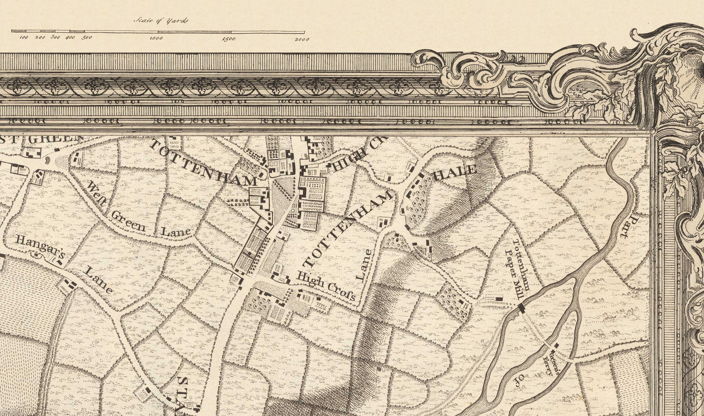 Ancienne carte du nord de Londres en 1746 par John Rocque - Highgate, Clapton, Stoke Newington, Tottenham, NW5, NW1, N1, N7, N5, N16, N4, N9, N6, E5, E8, E9