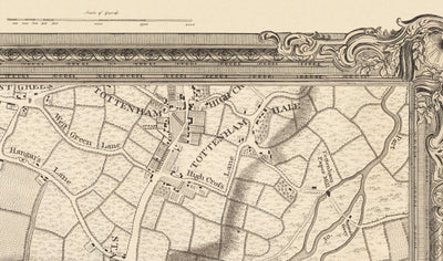 Antiguo mapa del norte de Londres en 1746 por John Rocque - Highgate, Clapton, Stoke Newington, Tottenham, NW5, NW1, N1, N7, N5, N16, N4, N9, N6, E5, E8, E9