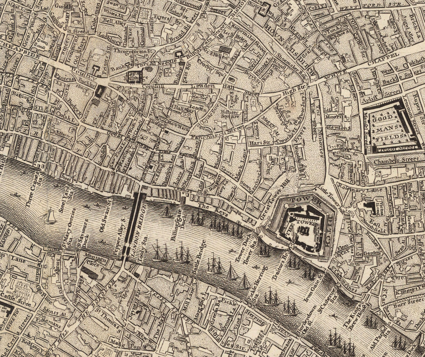 Ancienne carte du centre de Londres en 1746 par John Rocque - Westminster, Waterloo, The City, Islington WC1, WC2, W1, N1, E1, E2, EC1, EC2, EC3, EC4, SW1, SE1, SE16