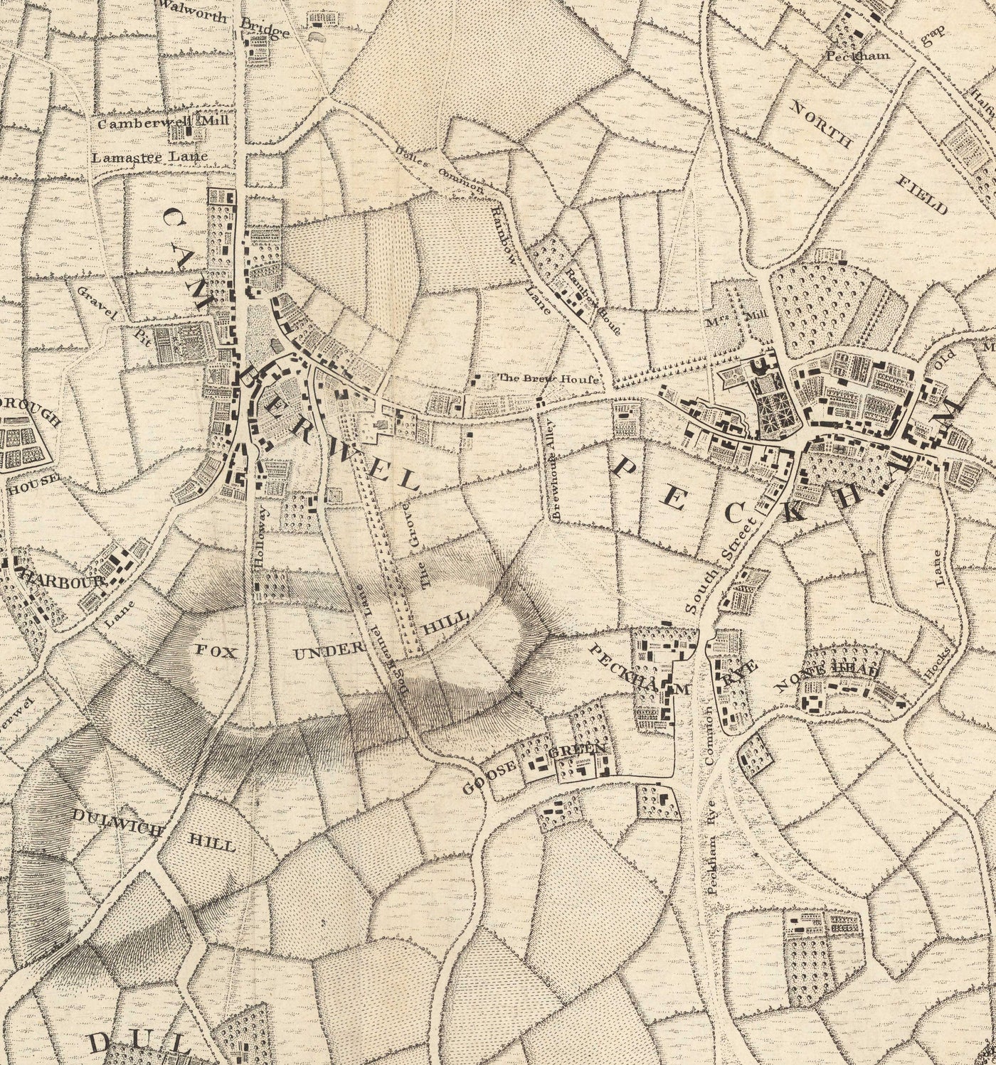Old Map of South London in 1746 by John Rocque - Peckham, Camberwell ...
