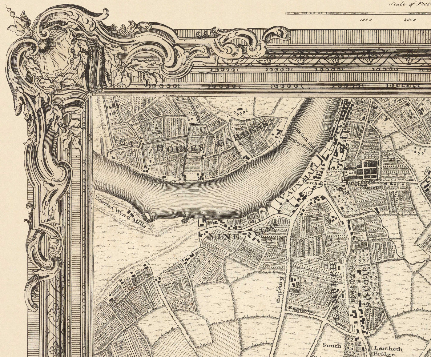 Ancienne carte du sud de Londres en 1746 par John Rocque - Peckham, Camberwell, Vauxhall, Dulwich, Lambeth, SW2, SW4, SW8, SW9, SE5, SE15, SE22, SE24