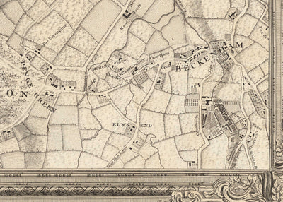 Antiguo mapa del sureste de Londres en 1746 por John Rocque - Streatham, Beckenham, Sydenham, Knights Hill, Norwood, SE19, SE21, SE23, SE26, SE27, SW2, SW16