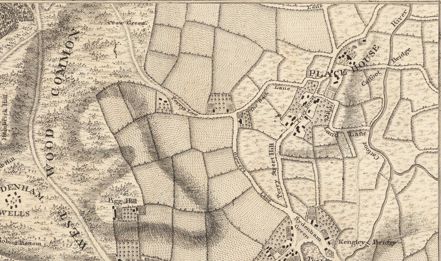 Mappa antica del sud-est di Londra nel 1746 di John Rocque - Streatham, Beckenham, Sydenham, Knights Hill, Norwood, SE19, SE21, SE23, SE26, SE27, SW2, SW16 